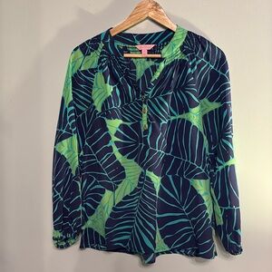 🍋Lilly Pulitzer 100% Silk Floral Green and Blue Blouse XS